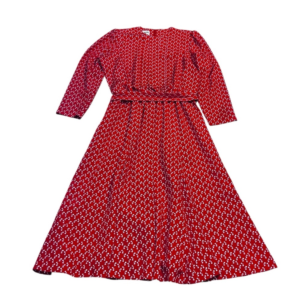 Henry Lee Vintage Red Bow Print Dress Union Made Size 14 Belted Full Skirt